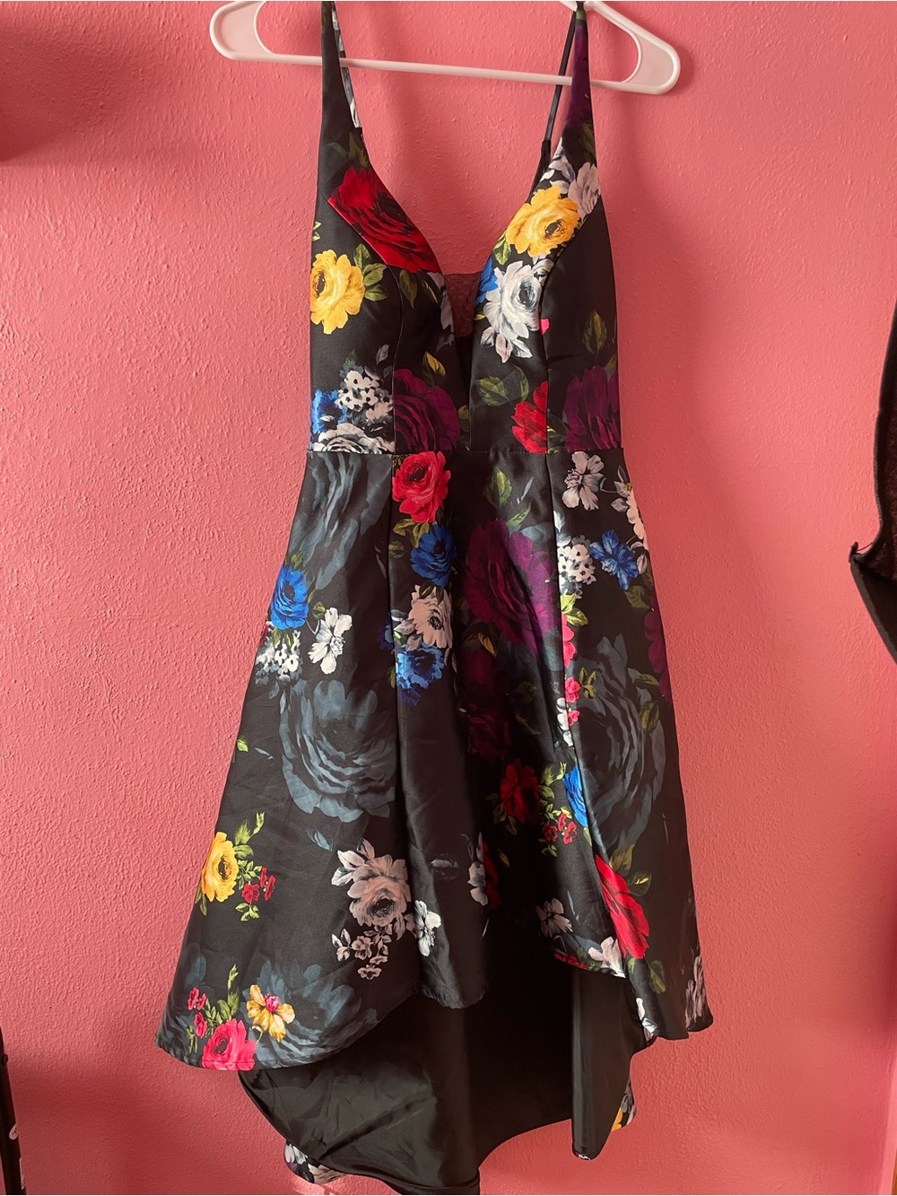 Sequin Hearts Black Floral V-Neck Party Dress with Multicolor Blooms